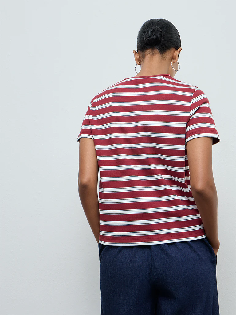 Wardrobe Burgundy Striped Cotton-Blend T-Shirt - Image 4