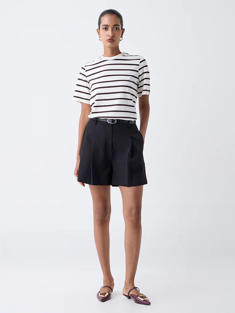 Wardrobe Cream Stripe Pattern Cotton T-Shirt - Image 2