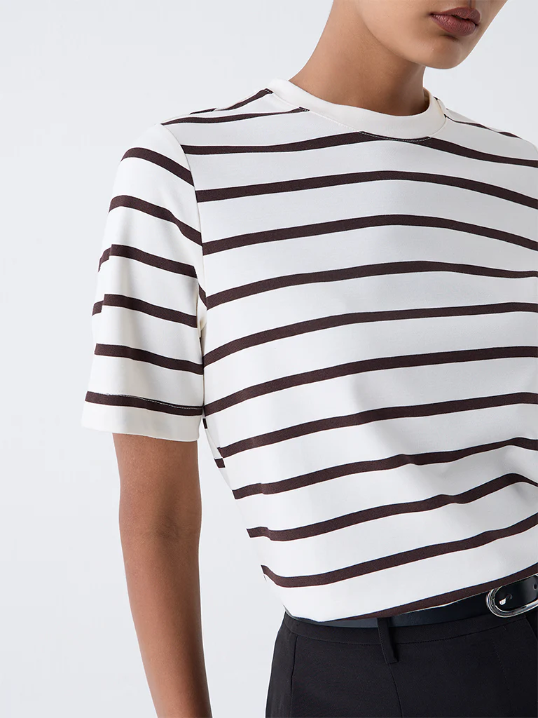 Wardrobe Cream Stripe Pattern Cotton T-Shirt - Image 3