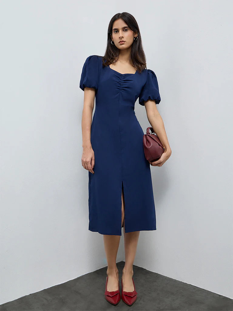 Wardrobe Dark Blue Crinkle-Textured A-Line Dress - Image 2