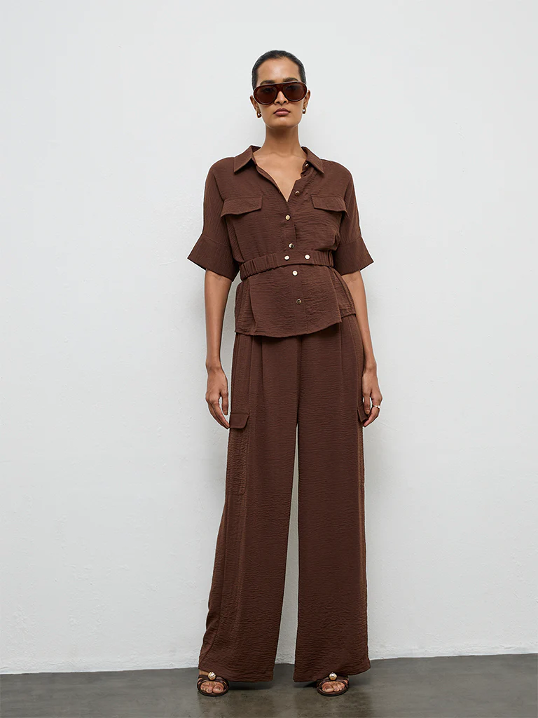 Wardrobe Dark Brown Crinkle-Textured Blouse