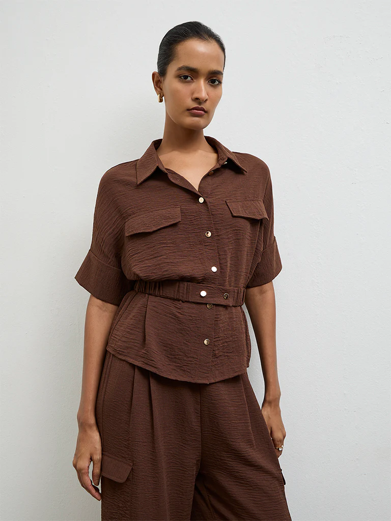 Wardrobe Dark Brown Crinkle-Textured Blouse - Image 2