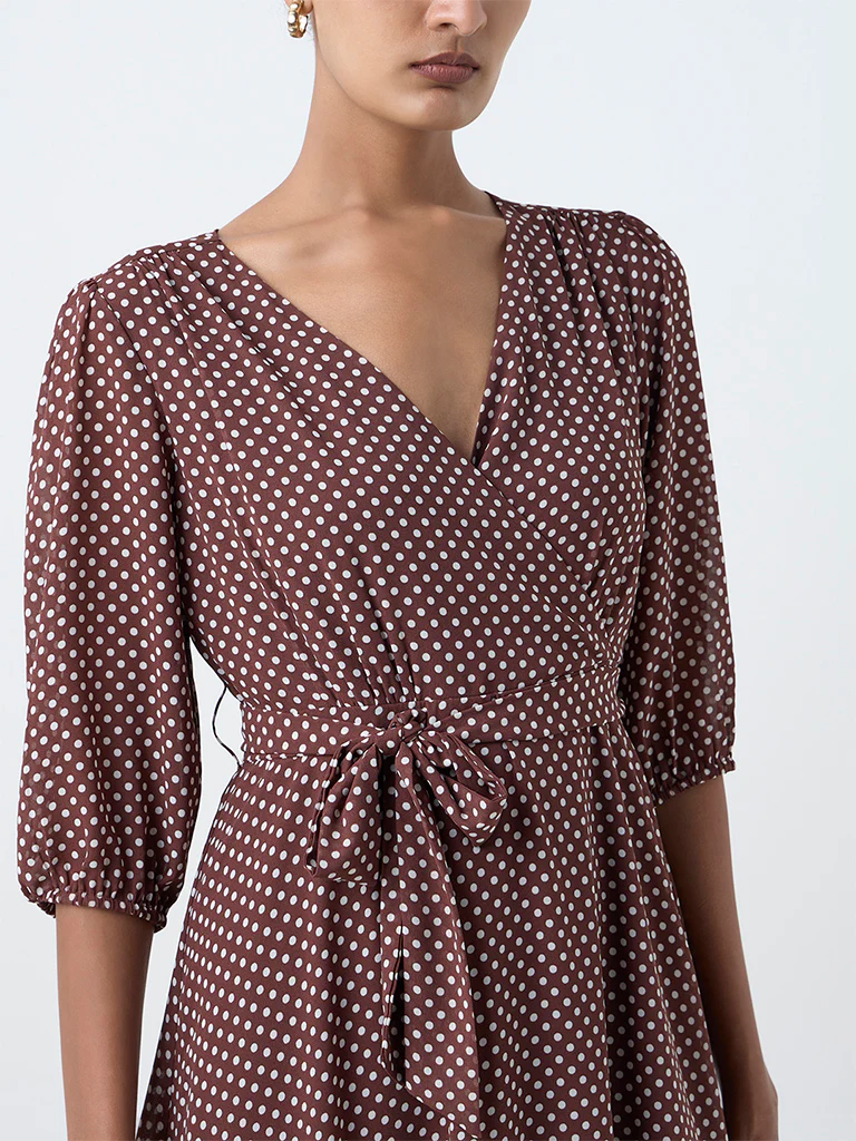 Wardrobe Dark Brown Polka Dot Wrap-Style Dress with Belt - Image 3