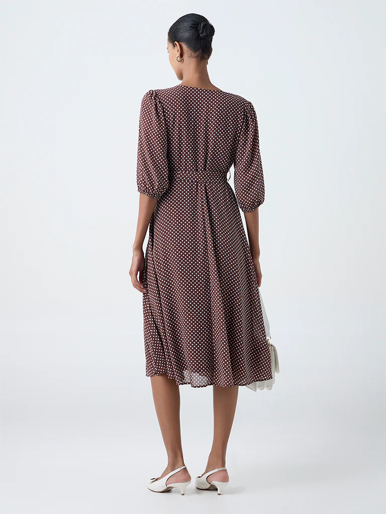 Wardrobe Dark Brown Polka Dot Wrap-Style Dress with Belt - Image 4
