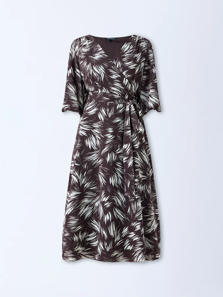 Wardrobe Dark Brown Printed Wrap-Style Dress with Belt - Image 5