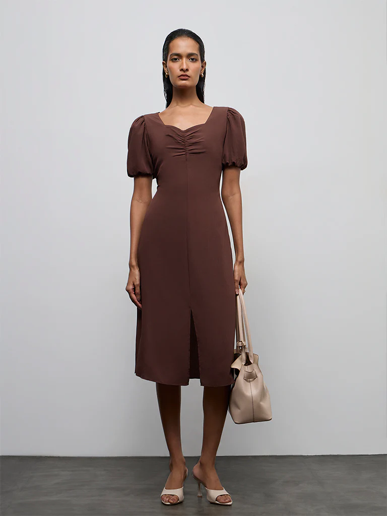 Wardrobe Dark Brown Ruched A-Line Dress