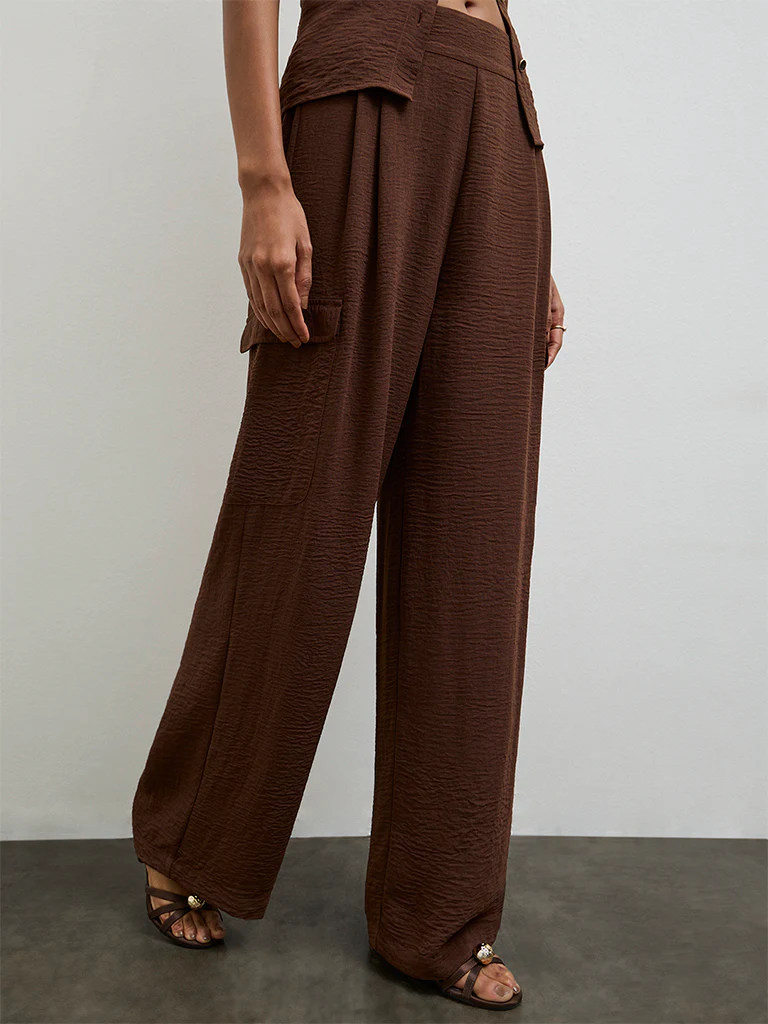 Wardrobe Dark Brown Textured High-Rise Trousers - Image 2