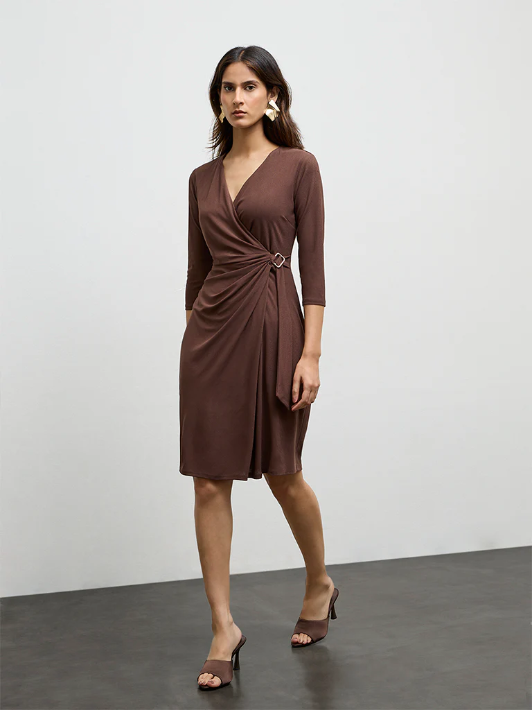 Wardrobe Dark Brown Wrap-Style Dress - Image 2