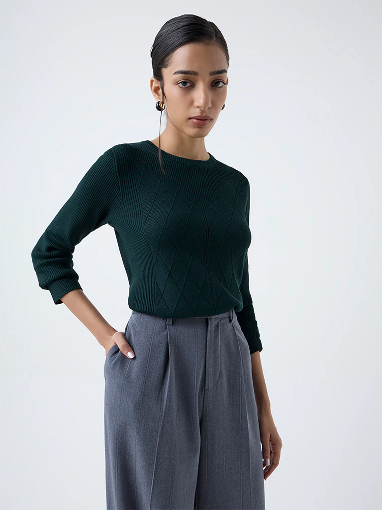 Wardrobe Dark Green Textured Sweater - Image 2