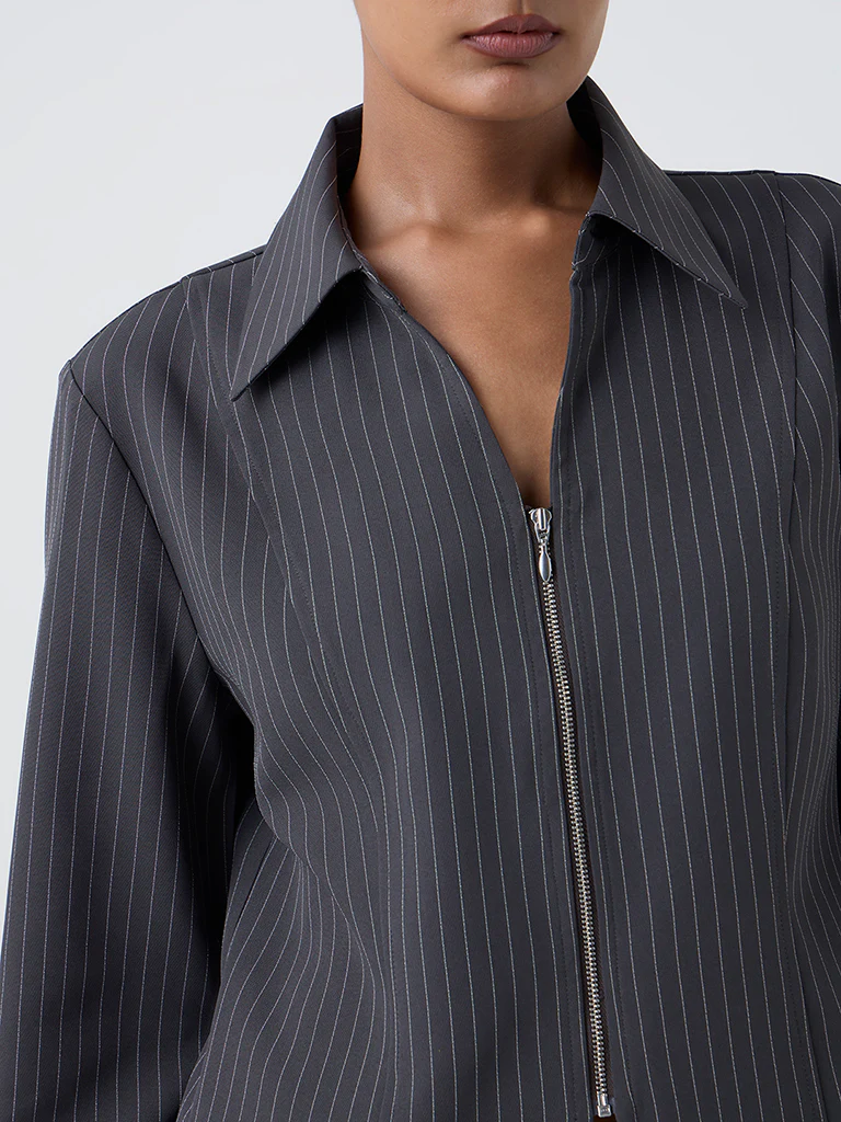 Wardrobe Dark Grey Pinstriped Shirt - Image 3