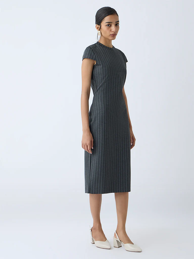 Wardrobe Dark Grey Pinstriped Straight Dress - Image 3