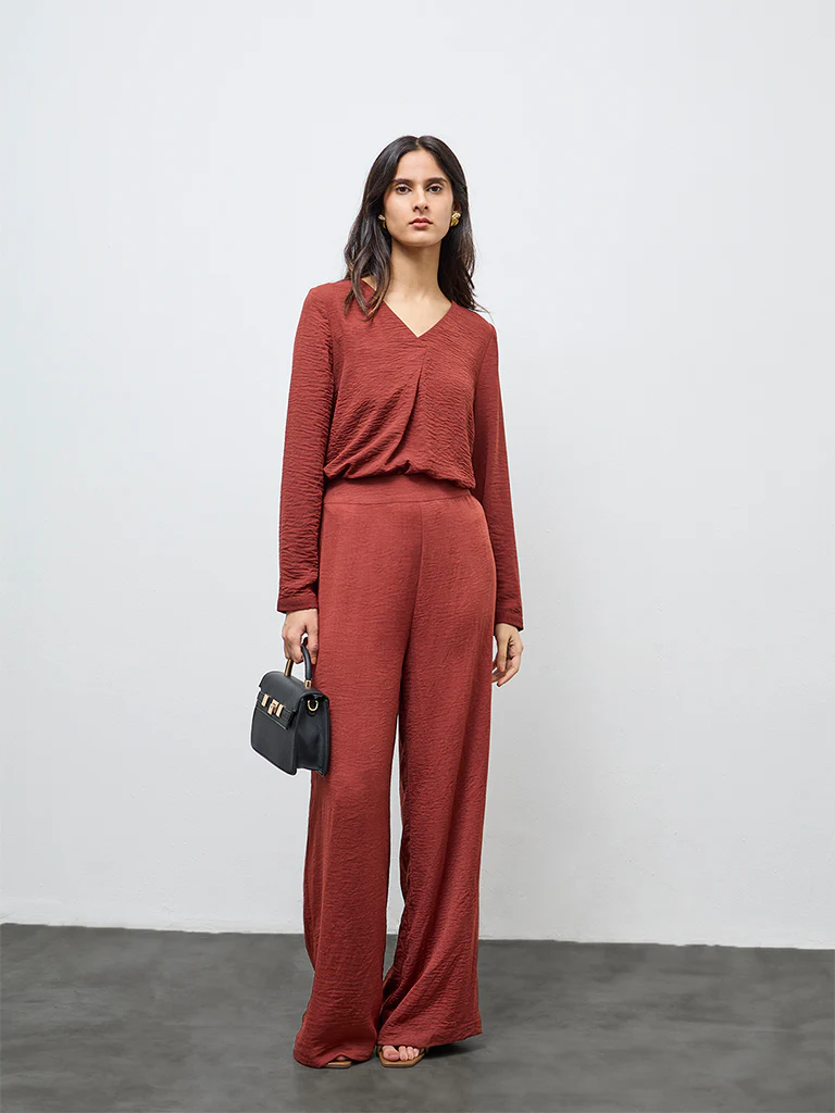 Wardrobe Dark Rust Crinkle-Texture Blouse