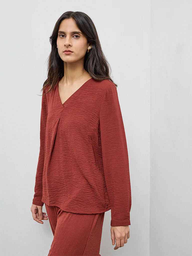 Wardrobe Dark Rust Crinkle-Texture Blouse - Image 2