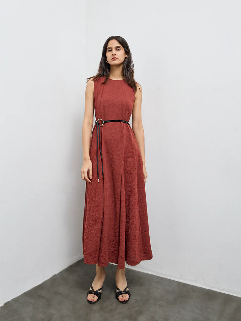 Wardrobe Dark Rust Crinkle-Textured A-Line Dress with Belt