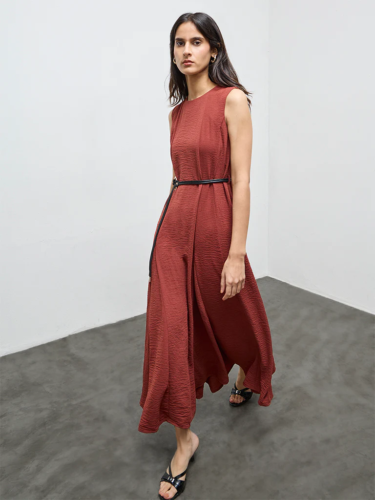 Wardrobe Dark Rust Crinkle-Textured A-Line Dress with Belt - Image 2