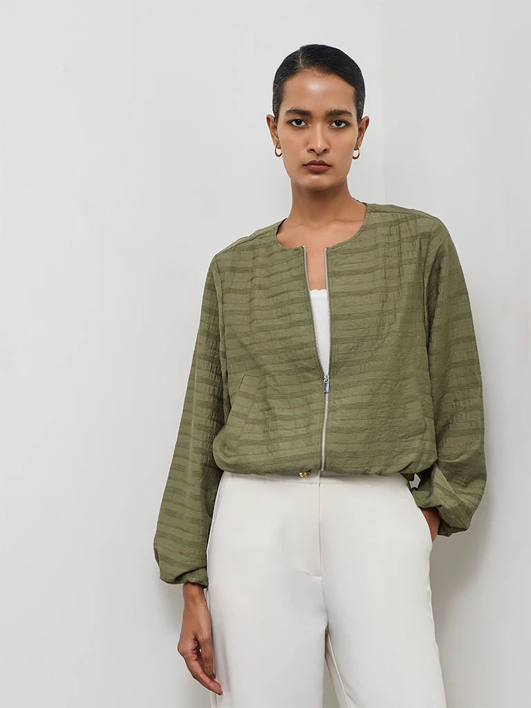 Wardrobe Dark Sage Self-Striped Jacket - Image 2
