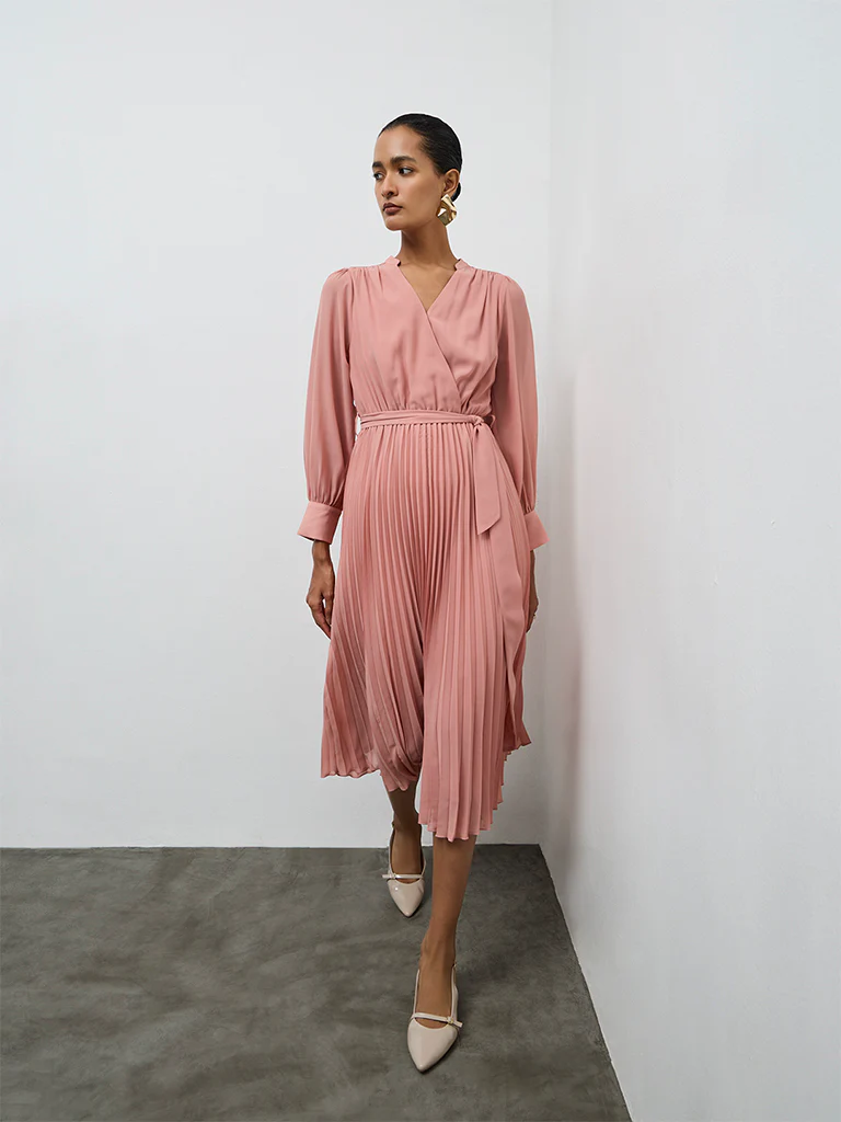 Wardrobe Dusty Pink Pleated A-Line Dress with a Belt - Image 2