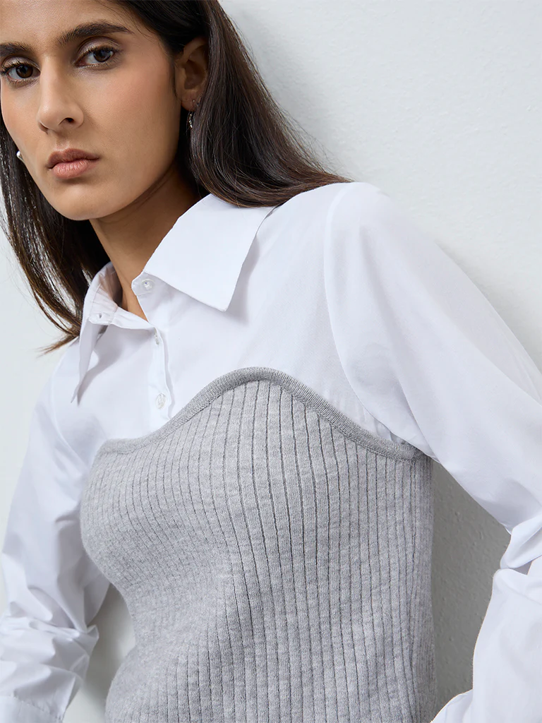 Wardrobe Grey Layered Ribbed Cotton Blouse - Image 3
