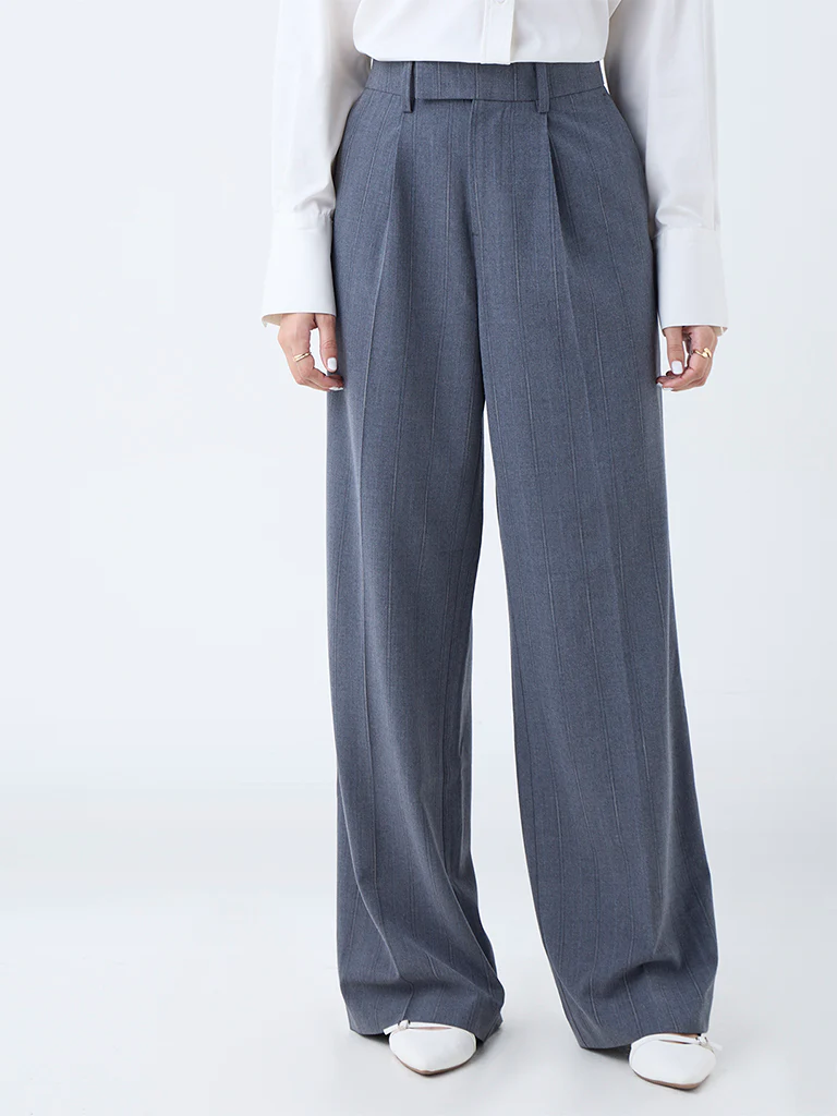 Wardrobe Grey Self-Striped High-Rise Trousers - Image 2