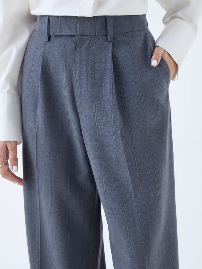 Wardrobe Grey Self-Striped High-Rise Trousers - Image 3