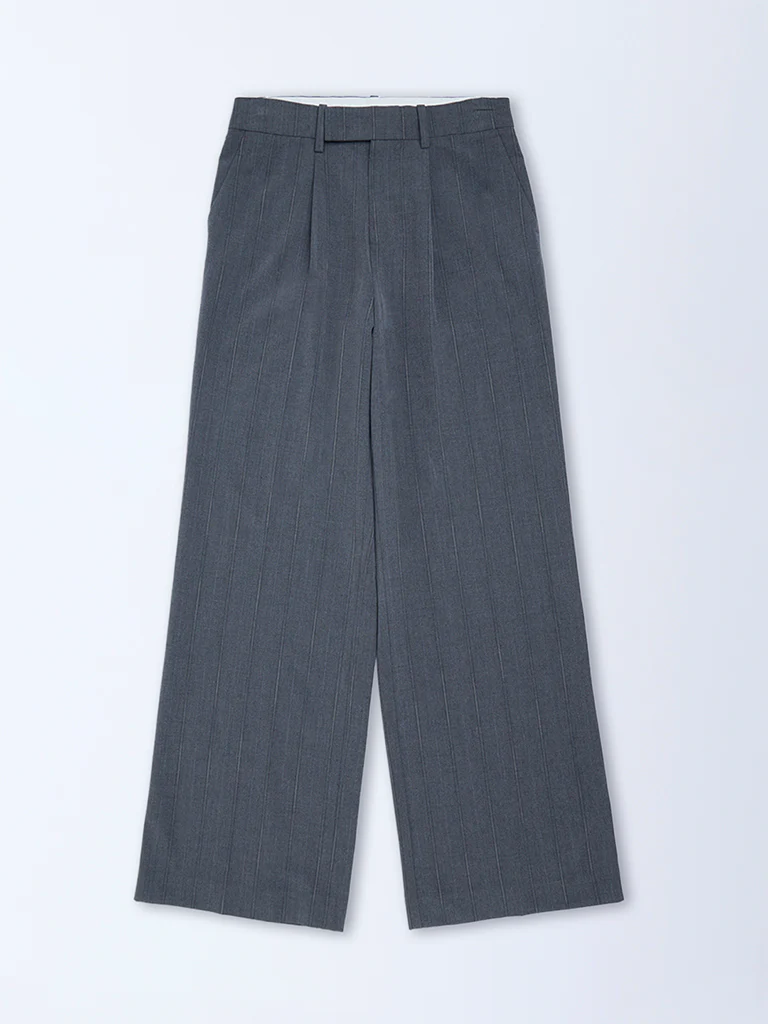 Wardrobe Grey Self-Striped High-Rise Trousers - Image 5