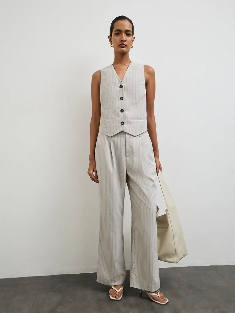 Wardrobe Grey Striped High-Rise Trousers