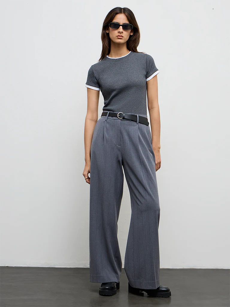 Wardrobe Grey Striped High-Rise Trousers