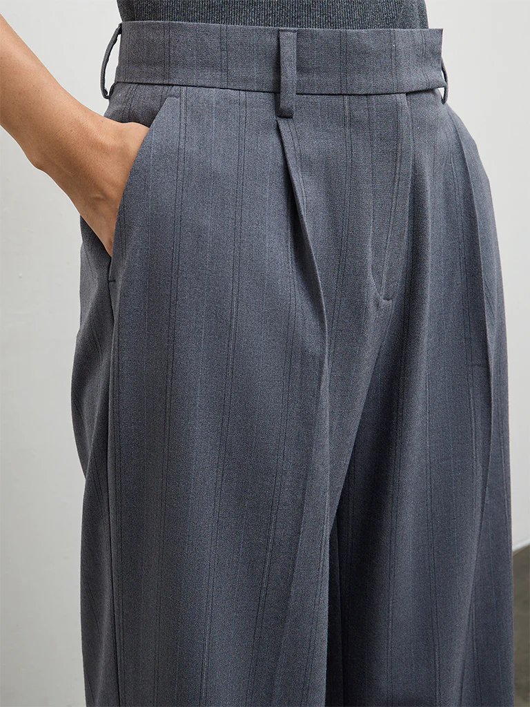 Wardrobe Grey Striped High-Rise Trousers - Image 3