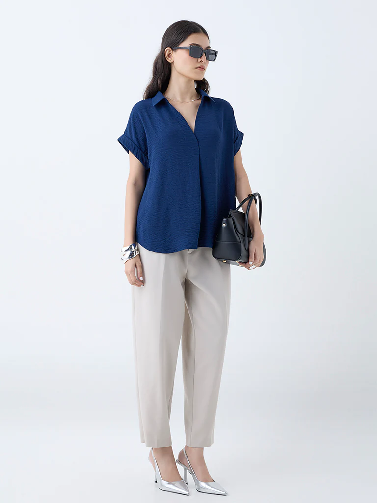 Wardrobe Indigo Crinkle-Textured Top - Image 2