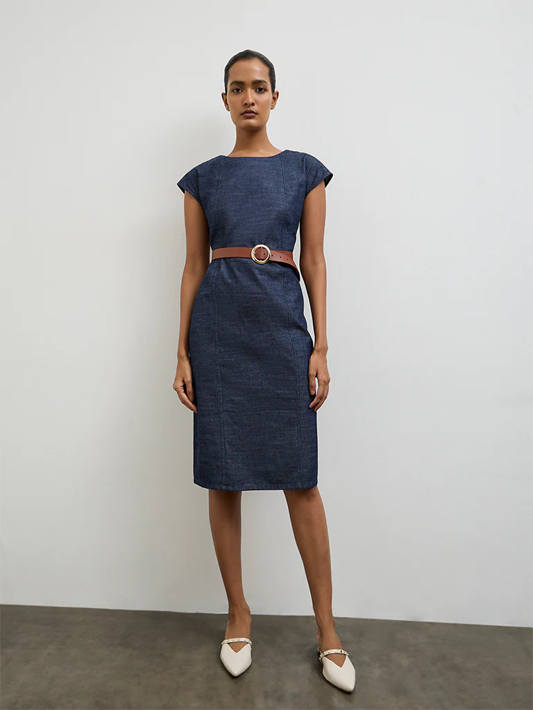 Wardrobe Indigo Denim A-Line Dress with Belt - Image 2
