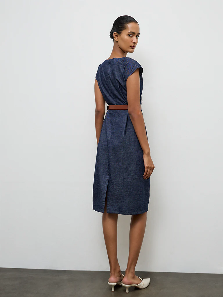 Wardrobe Indigo Denim A-Line Dress with Belt - Image 4