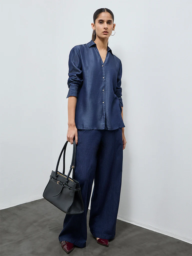 Wardrobe Indigo Solid Cotton Blouse - Image 2