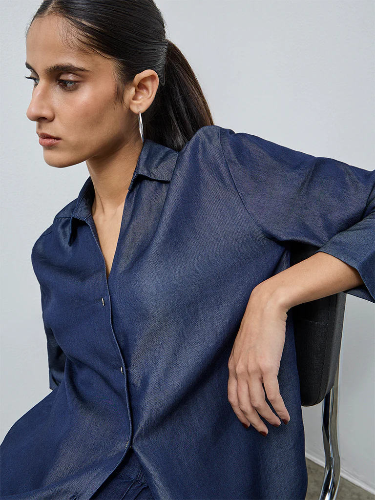 Wardrobe Indigo Solid Cotton Blouse - Image 3