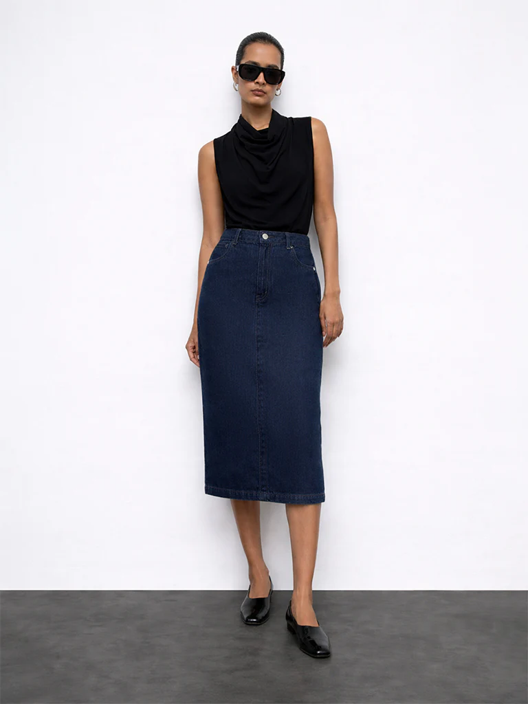 Wardrobe Indigo Solid High-Rise Denim A-Line Skirt