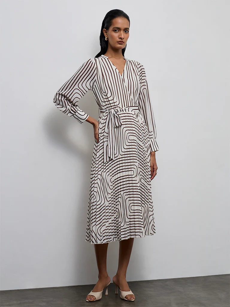 Wardrobe Ivory Geometric Printed A-Line Dress with Belt - Image 2