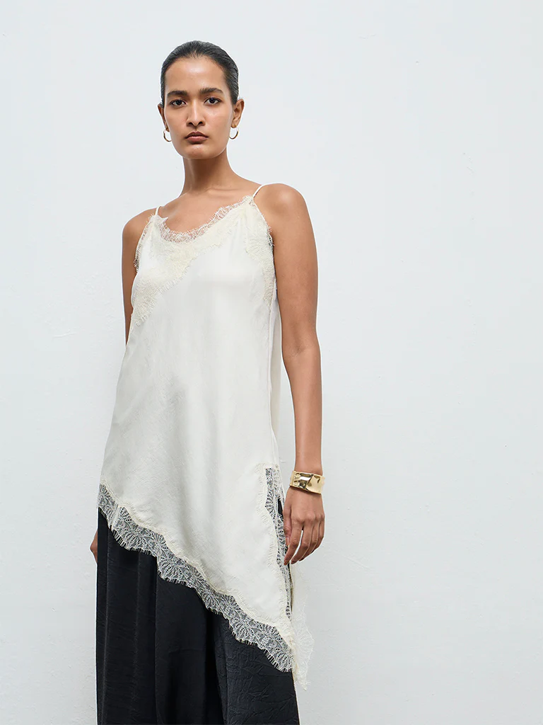 Wardrobe Ivory Lace-Detailed Asymmetrical Top
