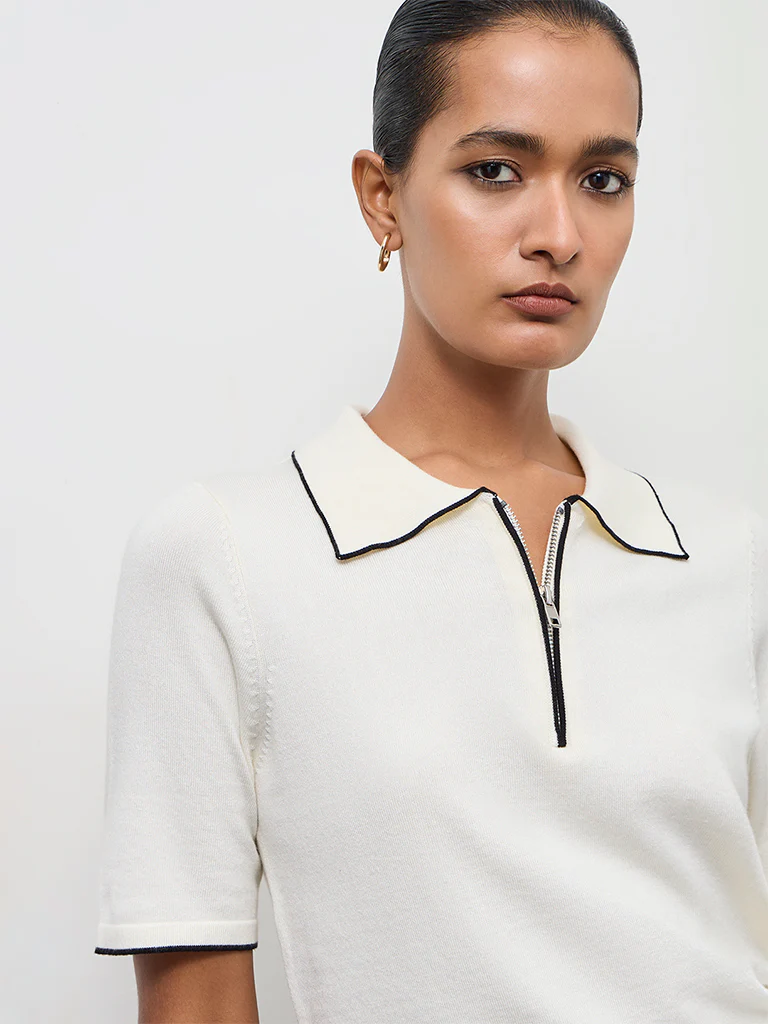 Wardrobe Ivory Solid Quarter-Zip Top - Image 3