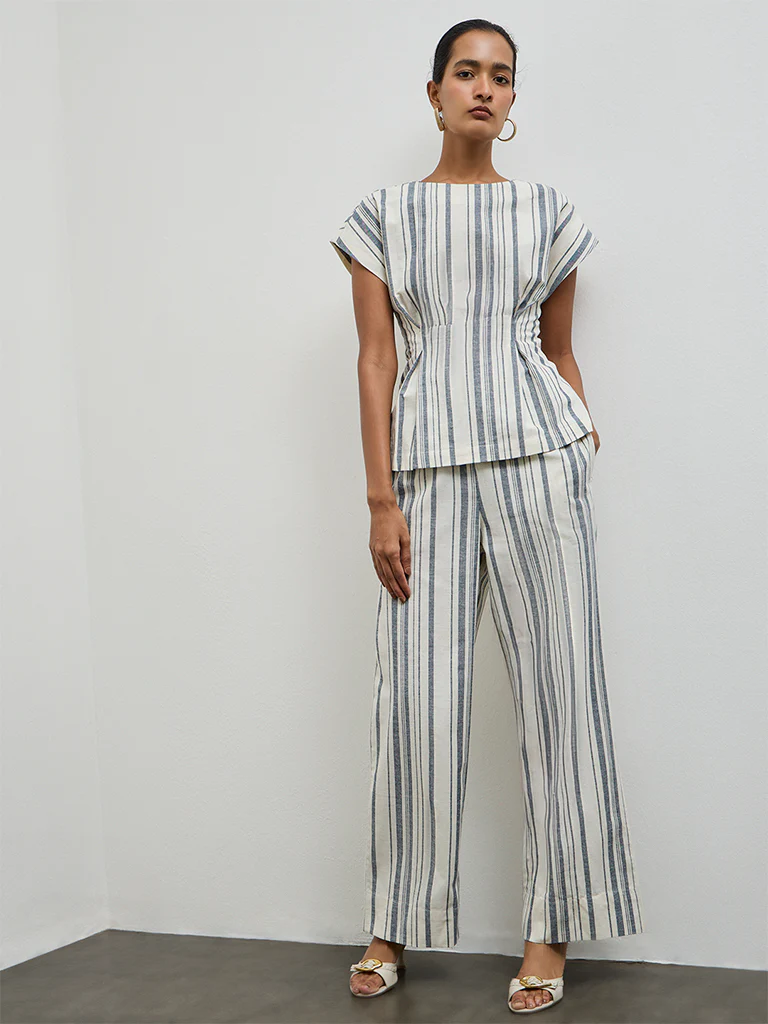 Wardrobe Ivory Striped High-Rise Cotton-Blend Trousers