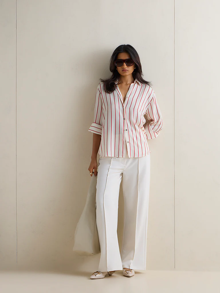 Wardrobe Ivory Striped Satin Shirt - Image 2