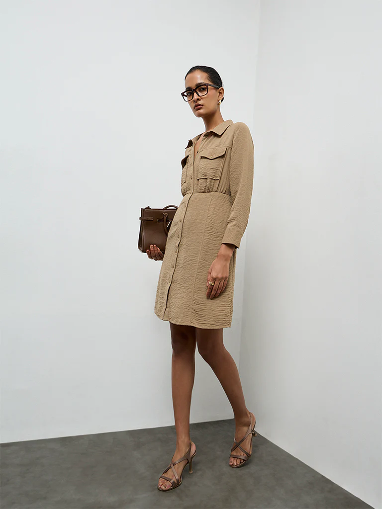 Wardrobe Khaki Crinkle-Textured Shirt Dress - Image 2