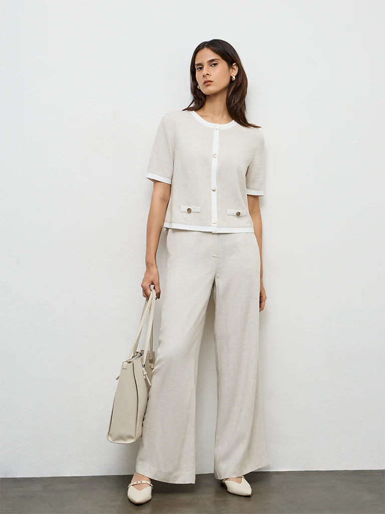 Wardrobe Light Beige Contrast-Detailed Cotton Blouse - Image 2