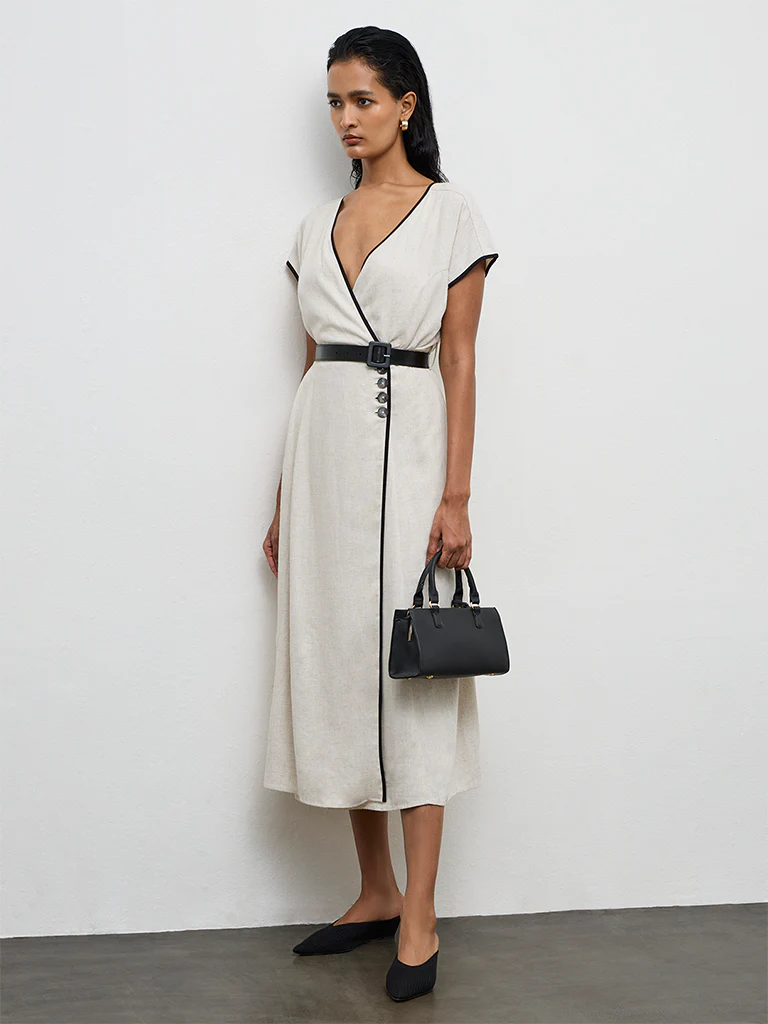 Wardrobe Light Beige Cotton Wrap-Style Dress - Image 2