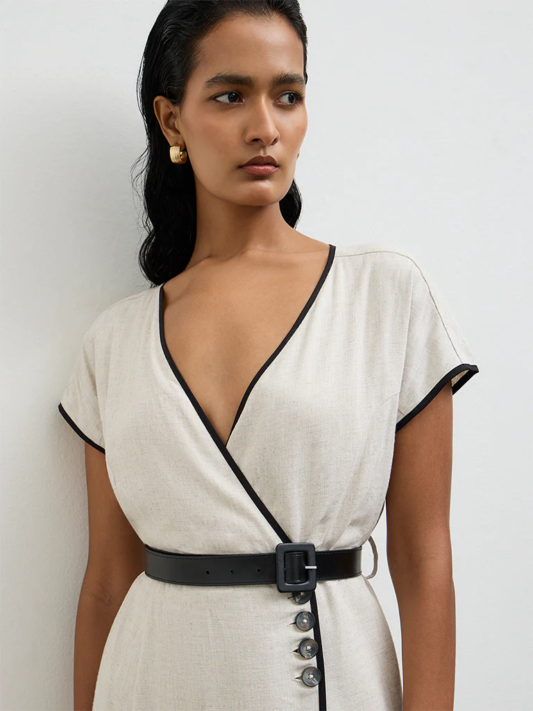 Wardrobe Light Beige Cotton Wrap-Style Dress - Image 3