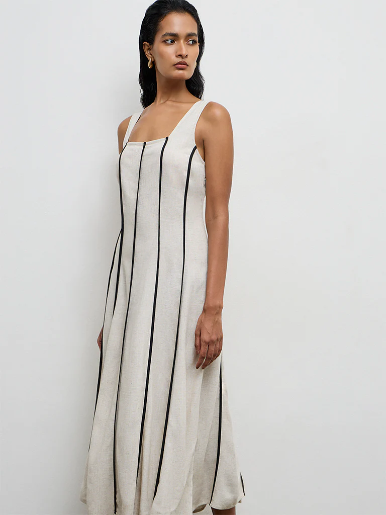 Wardrobe Light Beige Striped A-Line Dress - Image 2