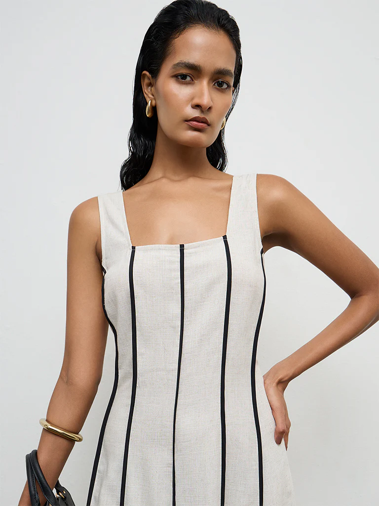 Wardrobe Light Beige Striped A-Line Dress - Image 3