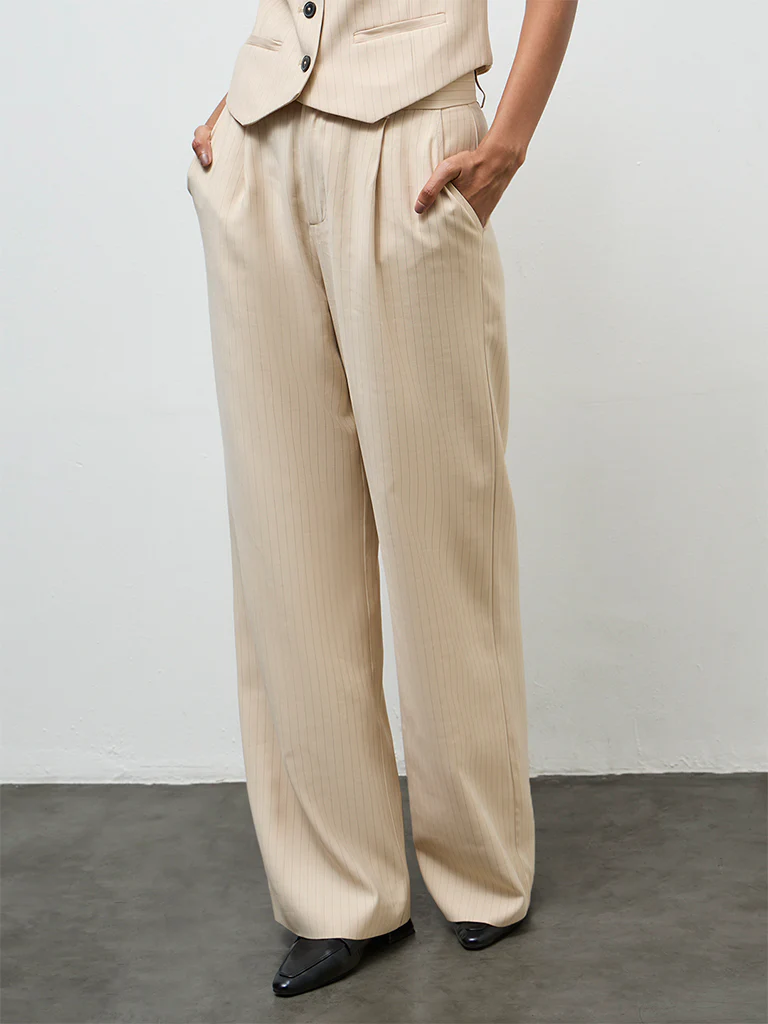Wardrobe Light Beige Striped High-Rise Trousers - Image 2