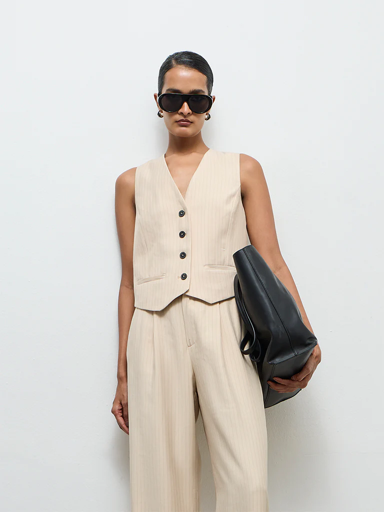 Wardrobe Light Beige Striped Waistcoat
