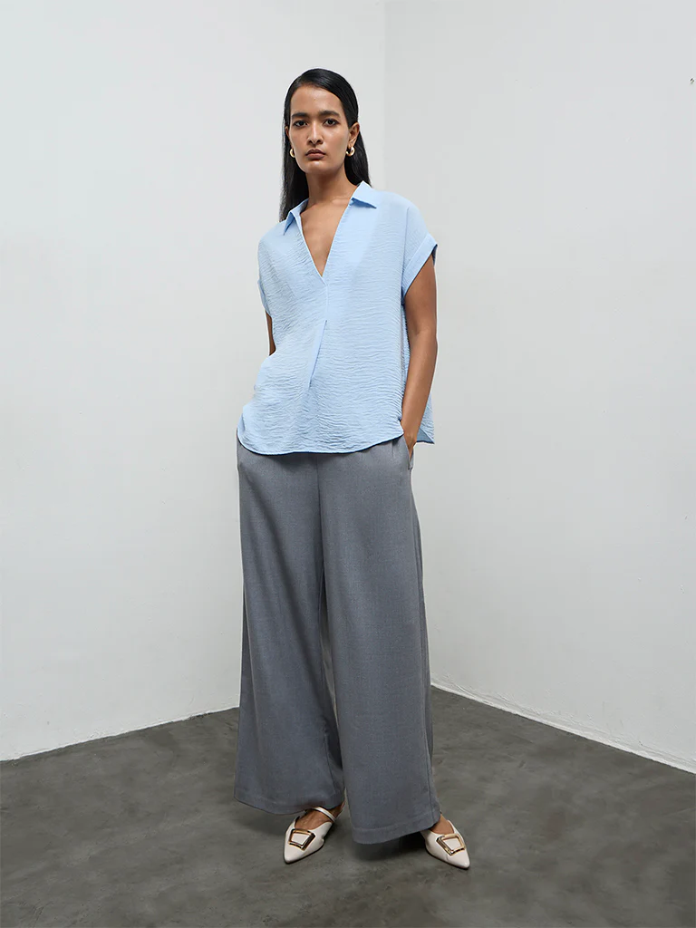 Wardrobe Light Blue Crinkle-Textured Blouse