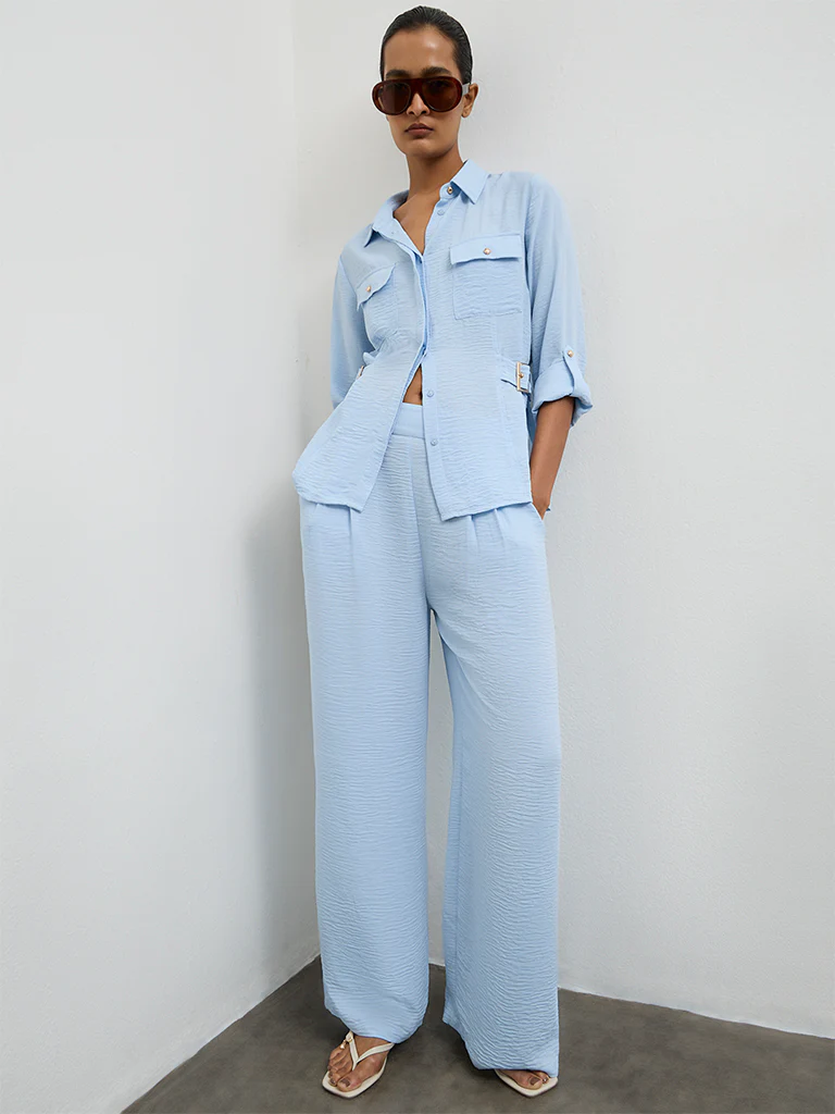 Wardrobe Light Blue Crinkle-Textured High-Rise Trousers