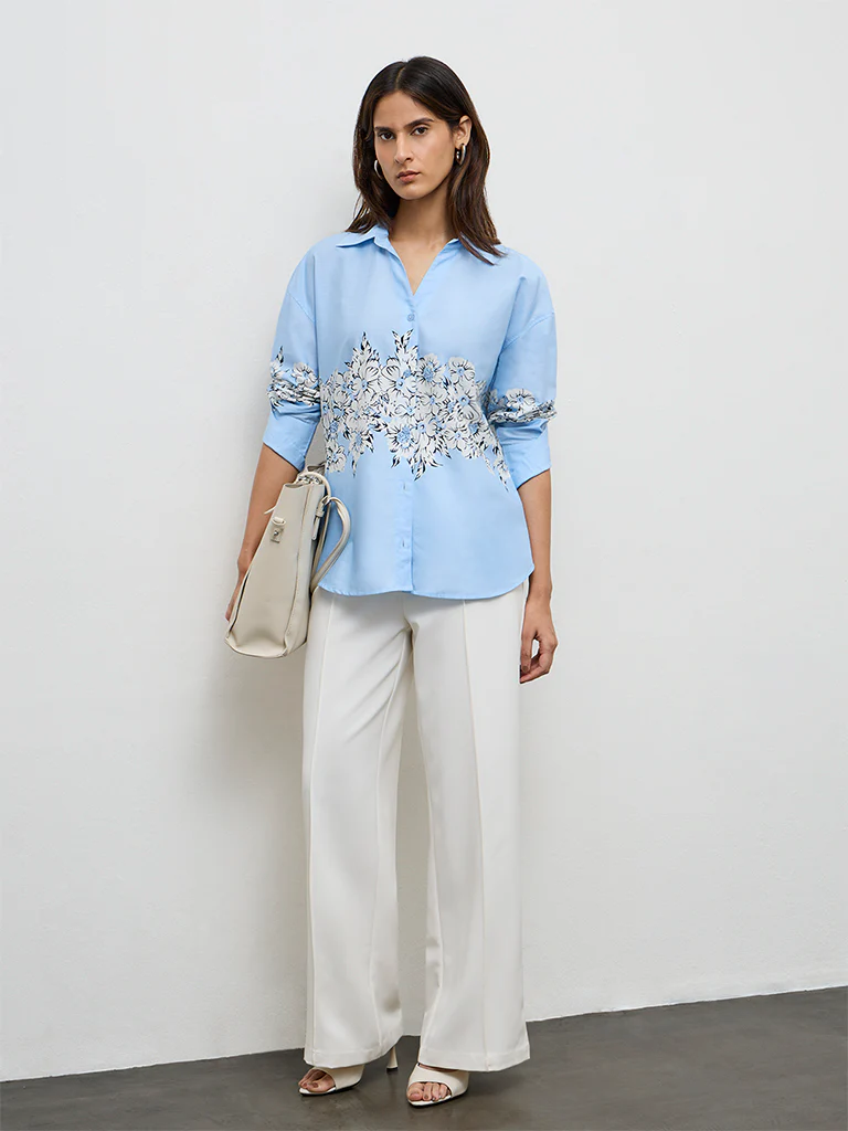 Wardrobe Light Blue Floral Printed Cotton Shirt - Image 2